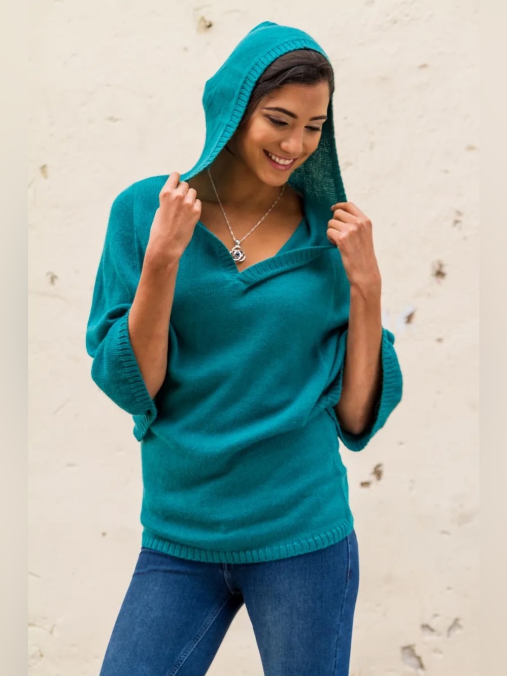 Novica By Alfredo Falcon Turquoise Trujillo Lady Alpaca Blend Hoodie Sweater